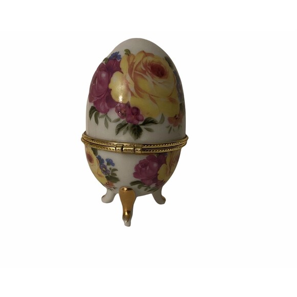 Vintage Porcelain Egg Hinged Trinket Box Yellow Rose Footed Gold Accents 3.5" - Picture 5 of 10